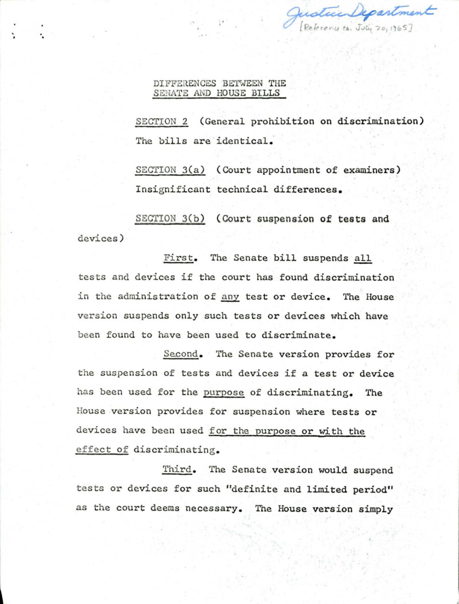 Section-by-section Analysis Of The Differences Between S. 1564 And H.R. 6400 Of The Voting Rights Act. Note Indicates Justice Department Origin