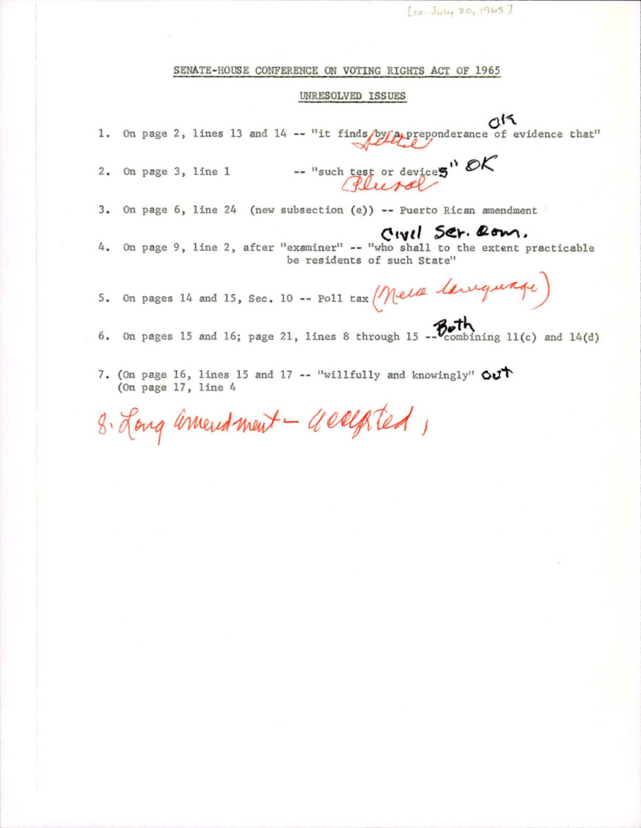 Notes From A Senate - House Conference On Unresolved Issues Within The Voting Rights Act Of 1965.