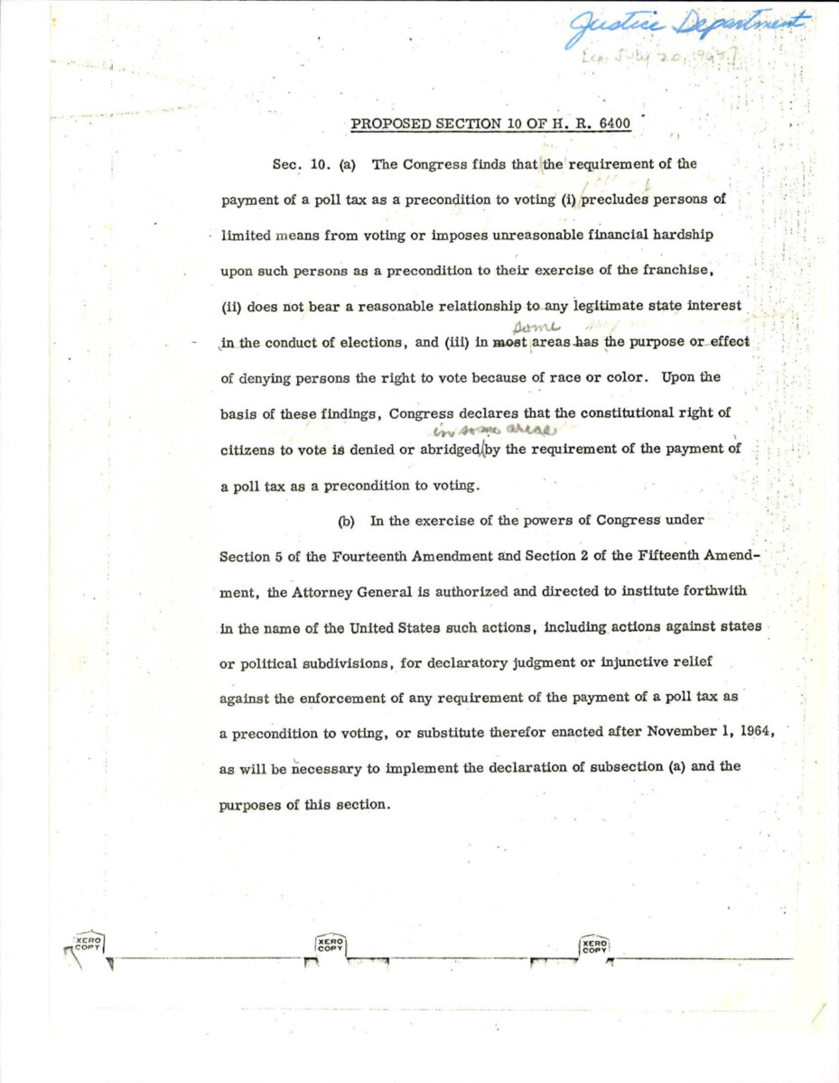 Proposed Section 10 Of H.R. 6400 Denoted As A Justice Department Document. Deals With Poll Tax And How A Trial Should Proceed If A Poll Tax Is Put Into Place In Any State Or County.