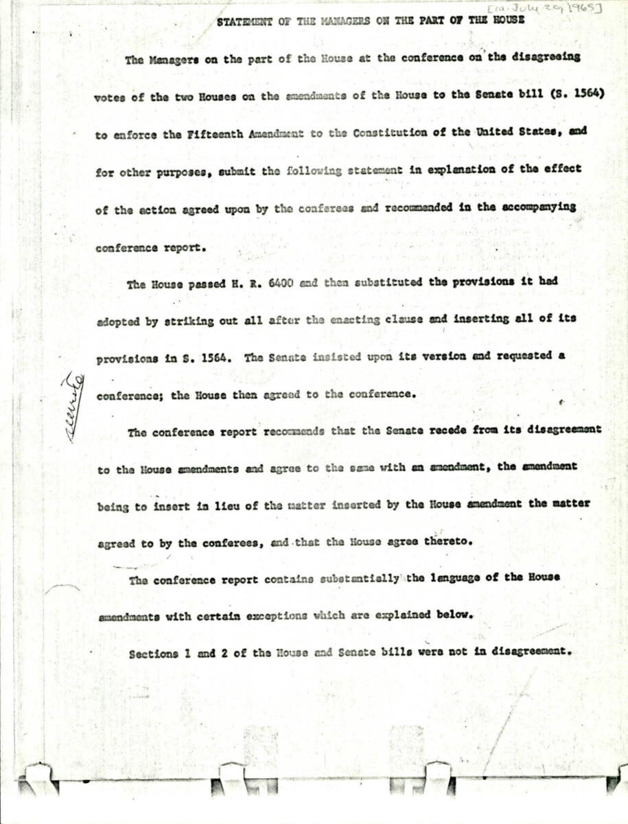Document By House Conference Committee Members Discusses Senate And House Versions Of Voting Rights Act Section By Section.