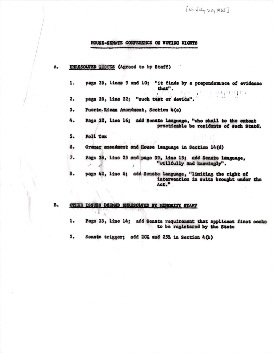 Staff Document Delineating Unresolved Conference Committee Issues Regarding The Voting Rights Act Of 1965.