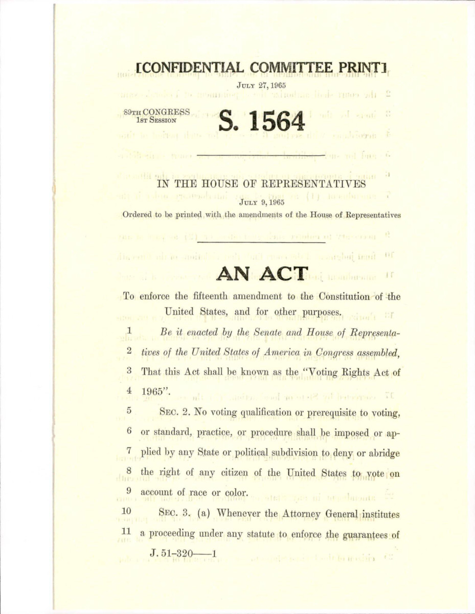 Copy Of The Voting Rights Act Of 1965 From The Senate - House Conference About Bills S. 1564 And H.R. 6400