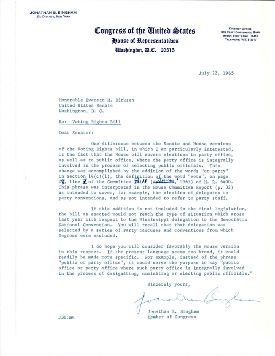 Letter From Rep. Bingham To Senator Dirksen Noting A Difference Between The House And Senate Bill Requesting That The House Bill Section 14 (c)(1) Be Adopted Instead Of The Senate's Version.