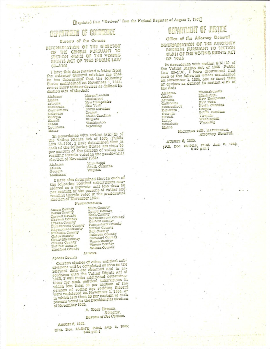 Statements From The Department Of Justice And Department Of Commerce Regarding States And Counties That Still Had Literacy Tests And Devices That Restricted Voting On November 1, 1964.