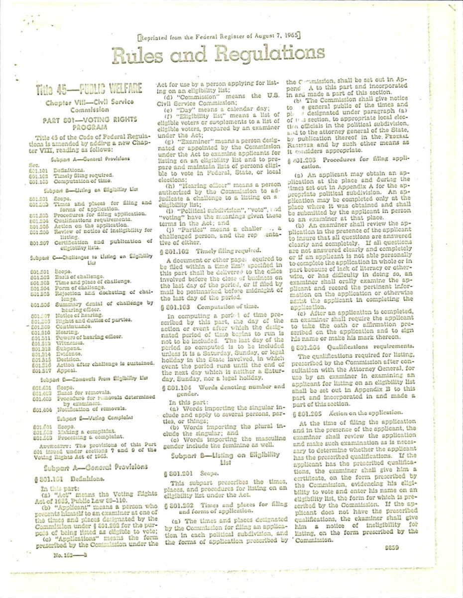 Details Provisions, Eligibility Lists, And Voting Complaint Procedures Of The Voting Rights Act Of 1965.