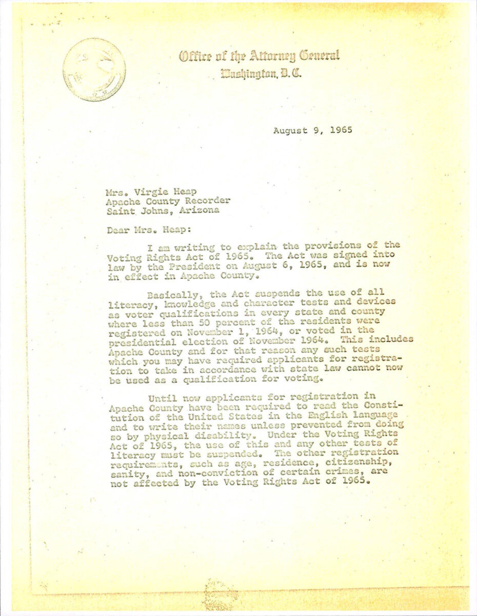 Letter From The Attorney General Explaining The Voting Rights Act Of 1965 And Why Apache County, Arizona, Recorder Must Suspend Its Literacy Tests And Devices To Comply With The Law.