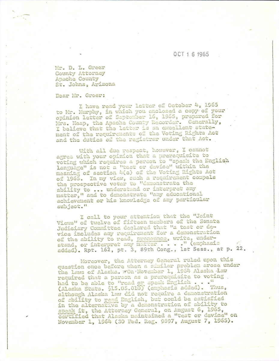Assistant Attorney General Of Arizona's Response To Apache County Attorney's Letter To The Attorney General. Disagrees With Statements Claiming The Voting Rights Act Is Unconstitutional.