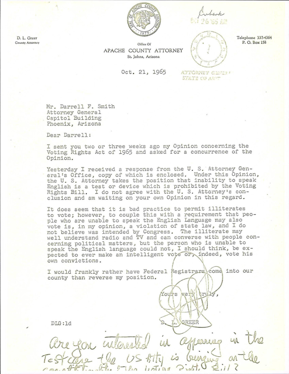 Letter To The Attorney General Of Arizona From Apache County Attorney Requesting His Own Response To His Original Letter Regarding The Voting Rights Act Of 1965.