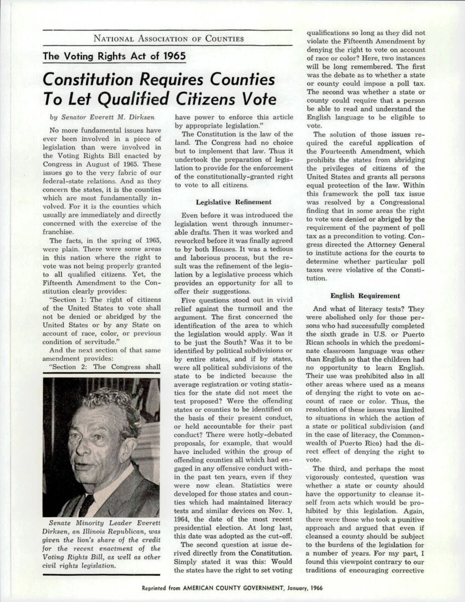 Published By The National Association Of Counties, This Article Discusses What The Voting Rights Act Went Through Before It Was Put Into Effect, Literacy Test, And Right Counties Have To Request A Census From The Attorney General.