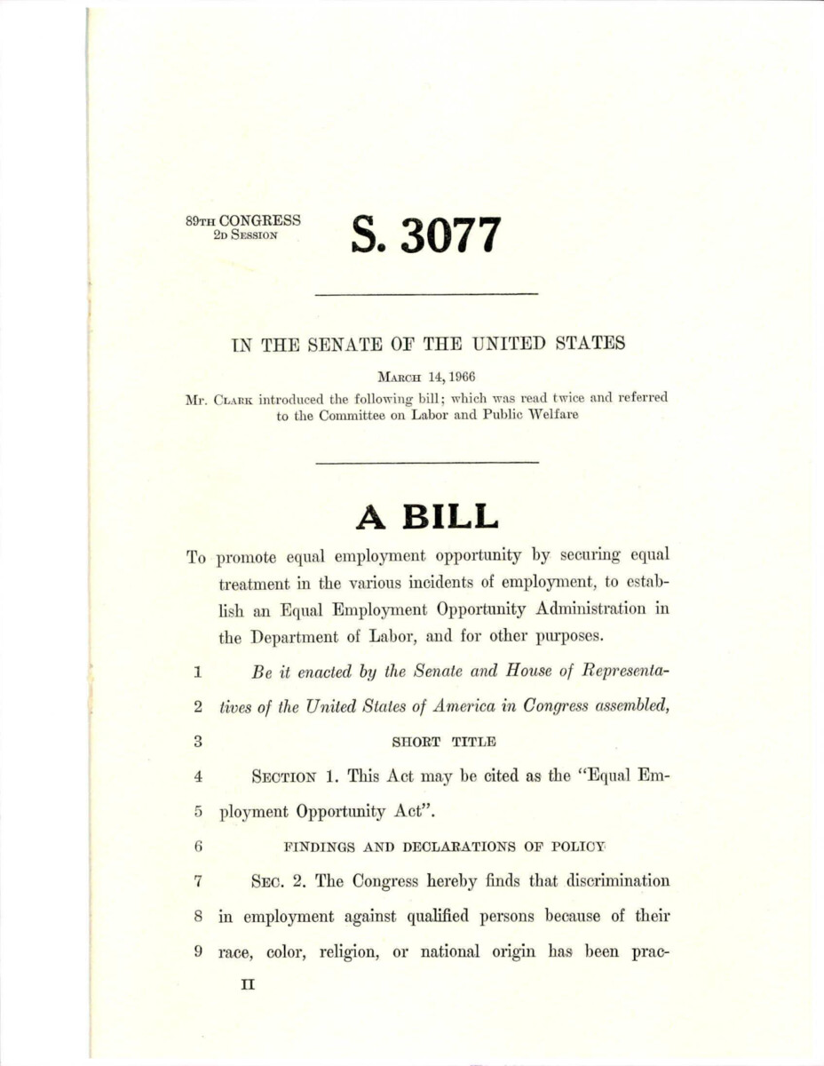 S. 3077- To Promote Equal Employment Opportunity By Securing Equal Treatment In The Various Incidents Of Employment, To Establish An Equal Employment Opportunity Administration In The Department Of Labor, And For Other Purposes.