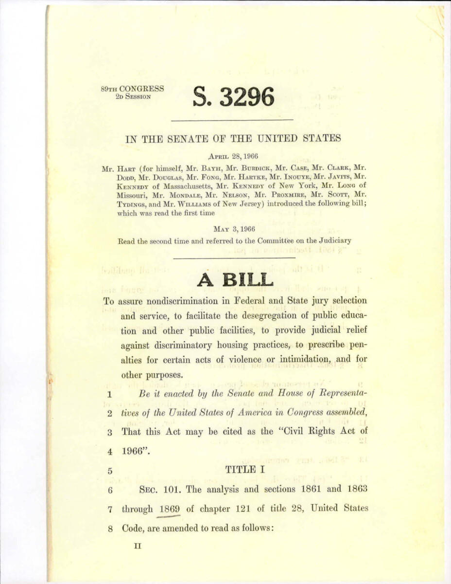 Bill Of The Civil Rights Act Of 1966, Introduced In The Senate By Senator Hart. This Copy Has Some Notes From Dirksen.