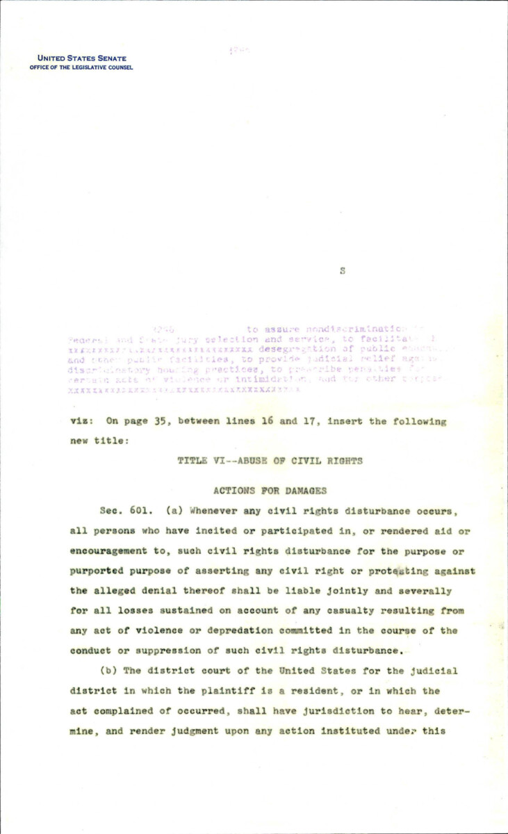Possible Amendment To The Civil Rights Act Of 1966 Adding "title Vi- Abuse Of Civil Rights: Actions For Damages" And Section 601. There Are Also Suggestions On Language At The Bottom Of The Document.