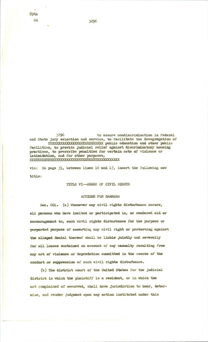 Possible Amendment To The Civil Rights Act Of 1966 Adding "title Vi- Abuse Of Civil Rights: Actions For Damages" And Section 601. There Are Also Suggestions On Language At The Bottom Of The Document.