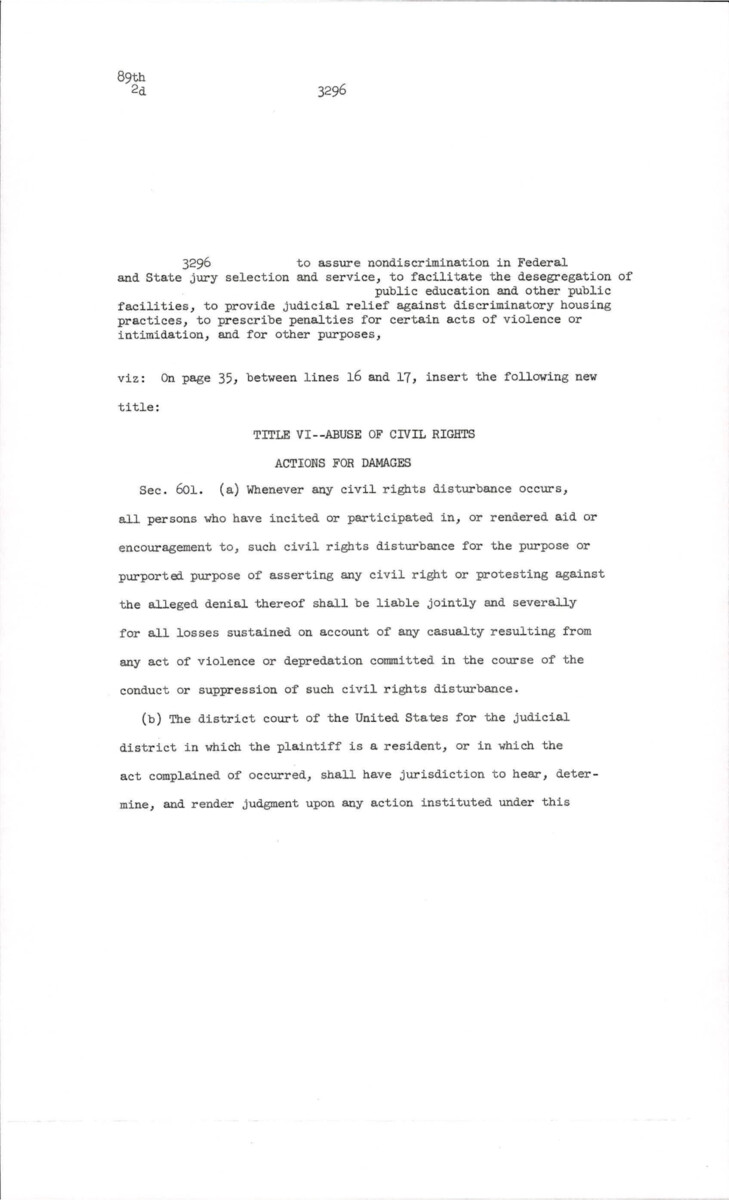 Possible Amendment To The Civil Rights Act Of 1966 Adding "title Vi- Abuse Of Civil Rights: Actions For Damages" And Section 601. There Are Also Suggestions On Language At The Bottom Of The Document.