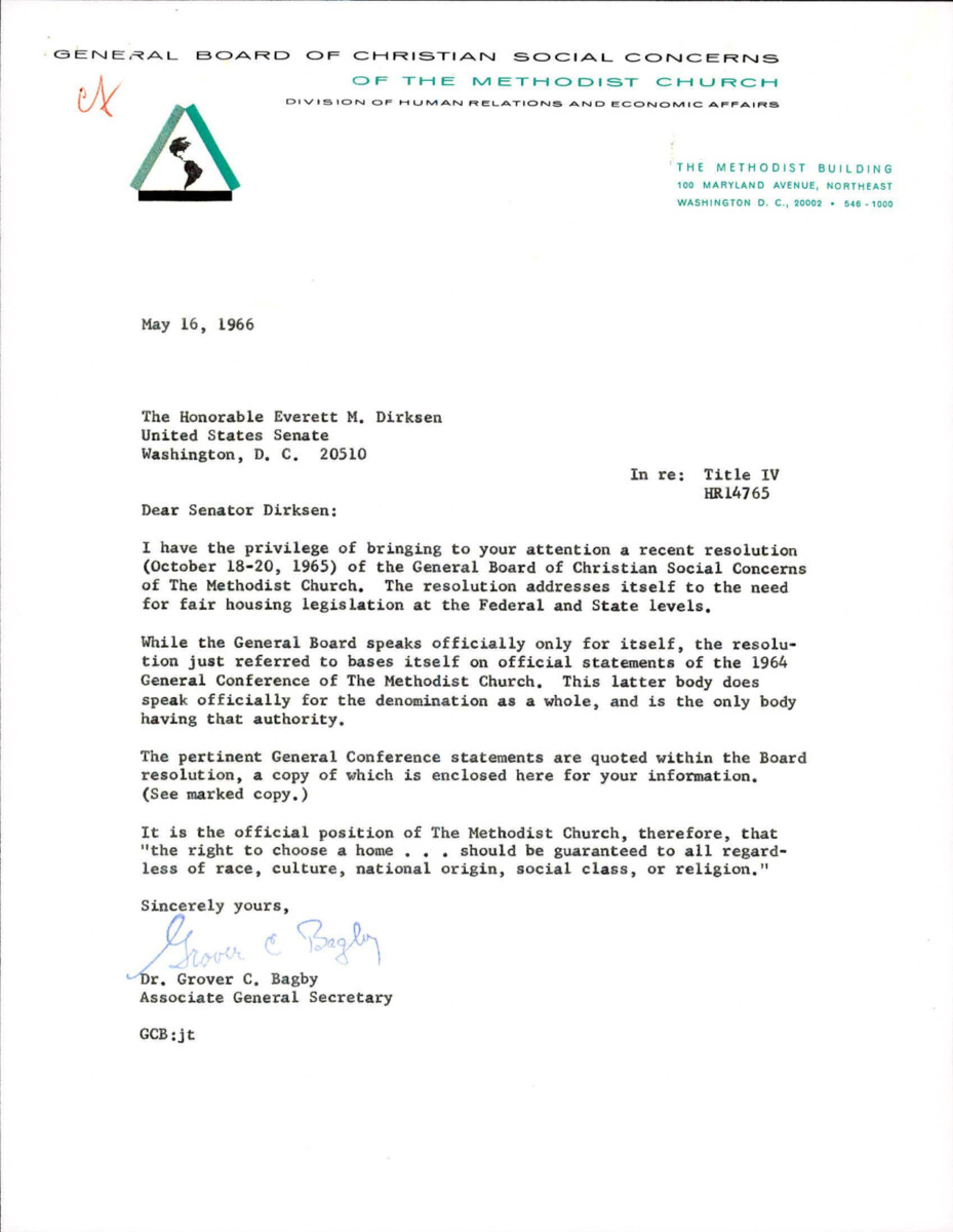 Letter From General Board Of Christian Social Concerns Of The Methodist Church To Sen. Dirksen Regarding Fair Housing