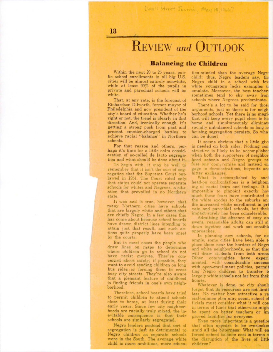 Wall Street Journal About Education And Desegregation. The Article Says That School Districts Were Not Drawn With Race In Mind But A Child's Best Interest And That Schools (that Are Not Segregated) That Do Not Have A Diverse Racial Makeup Are Just As Harmful As Segregated Schools.