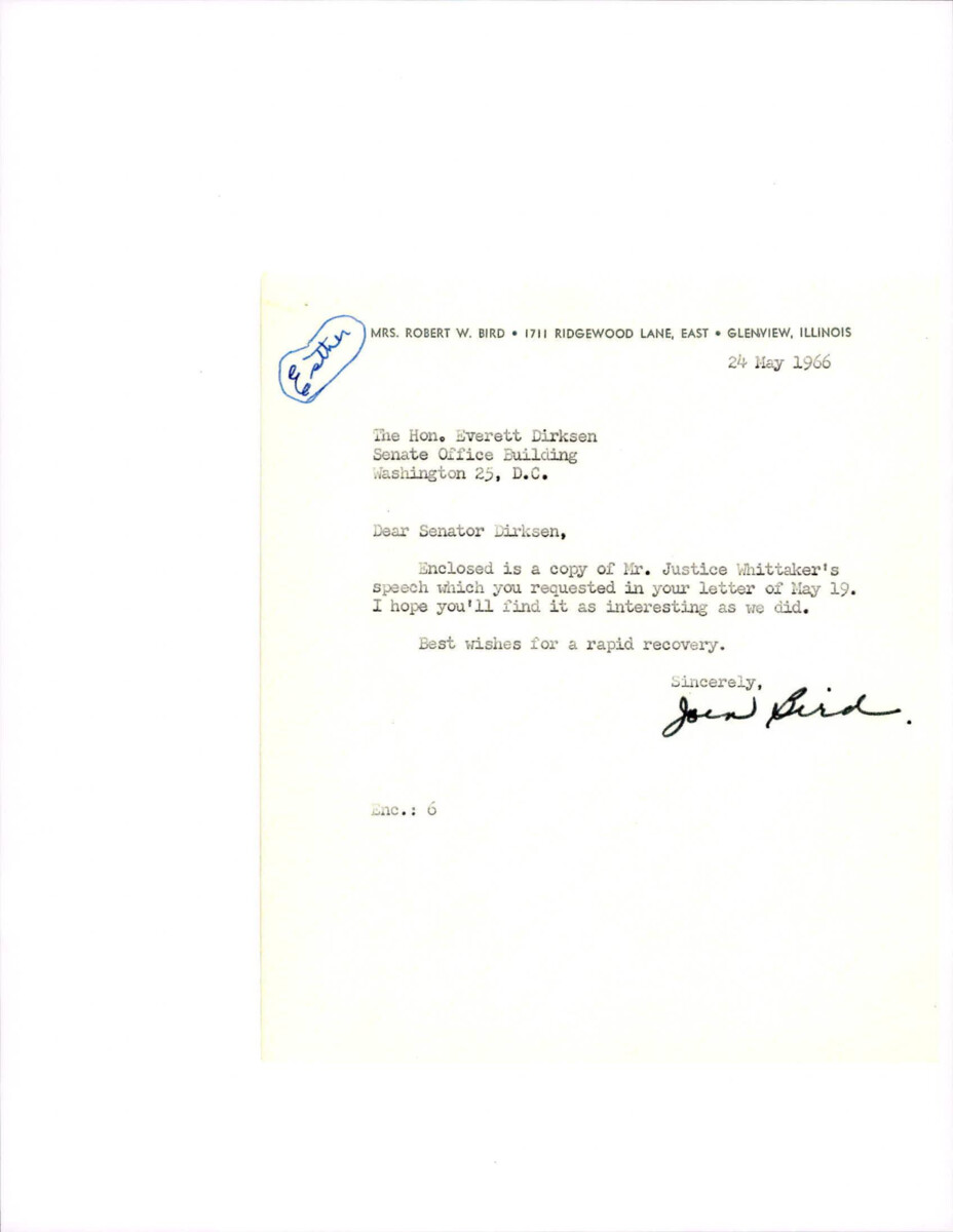 Letter To Dirksen From Joen Bird Enclosed With Justice Whittaker's Address To The University Of Kansas