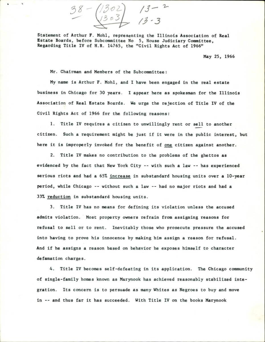Statement From Arthur Mohl Before The Subcommittee No.5, House Judiciary Committee Regarding Title Iv Of The Civil Rights Act Of 1966