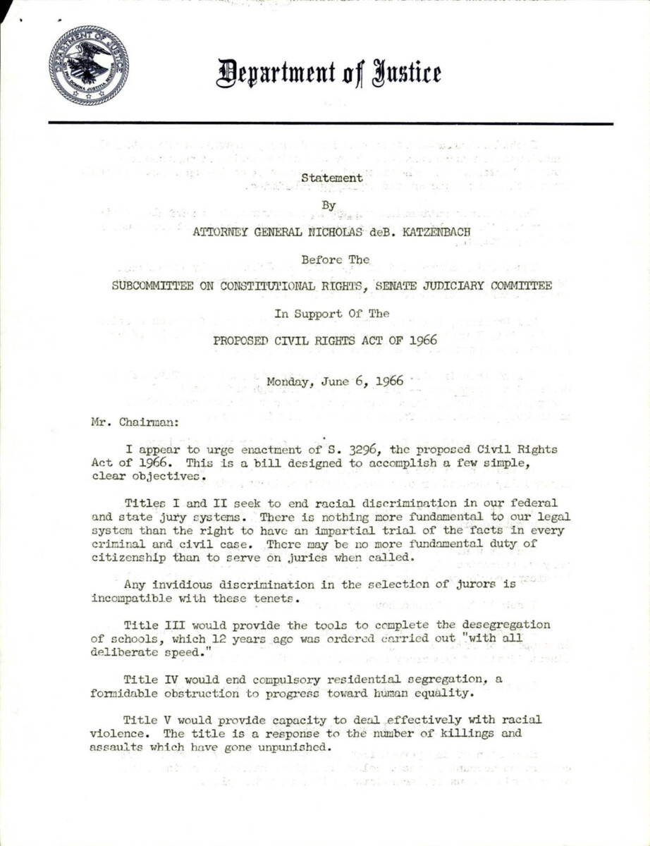 Statement By Katzenbach In Support Of The Civil Rights Act Of 1966.