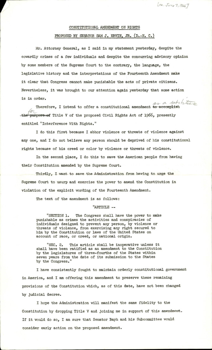 Proposal By Ervin To Amend Title V Of The Civil Rights Act Of 1966 To Make Crimes Obstructing The Provisions Of The Civil Rights Act Of 1966 A Crime.