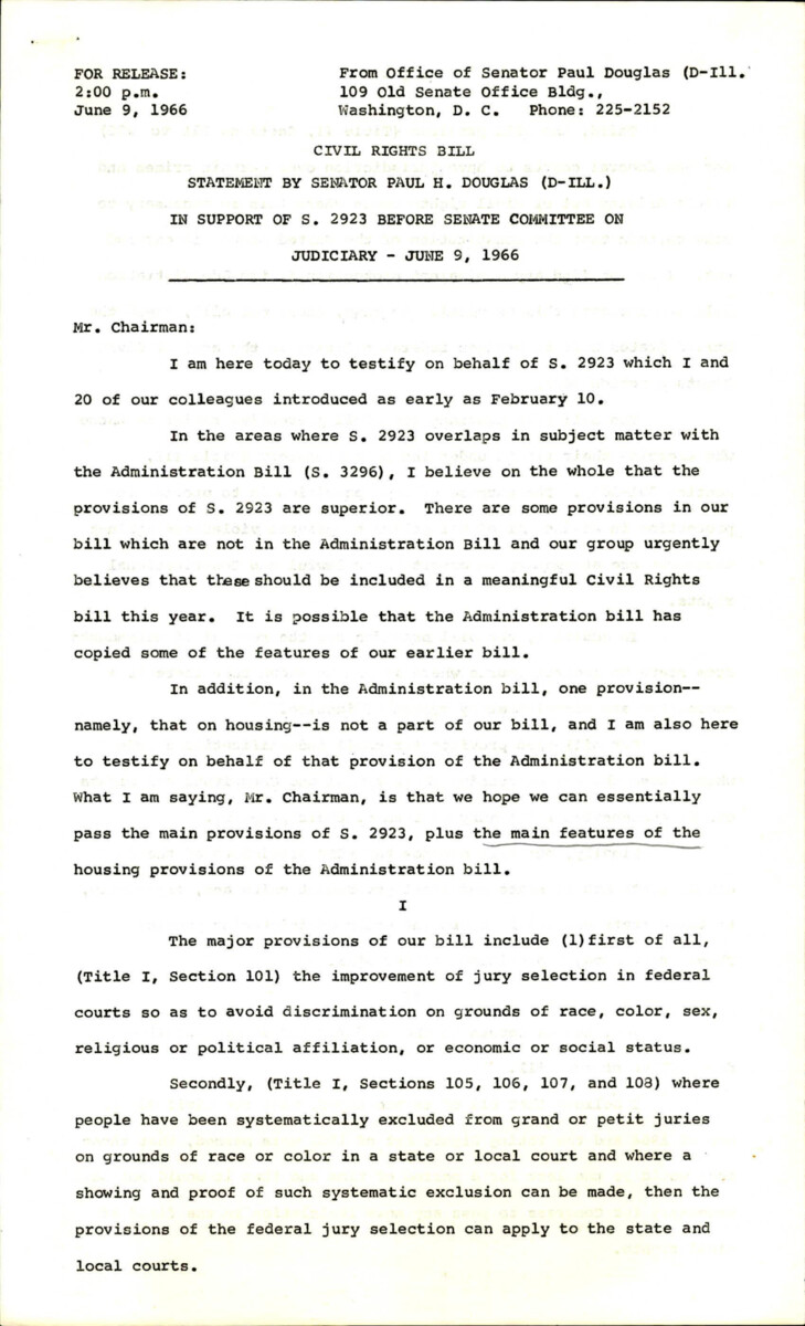 Statement By Paul Douglas On The Civil Rights Act Of 1966 Supporting Its Approval And Why It Is Needed For The Betterment Of Cities.