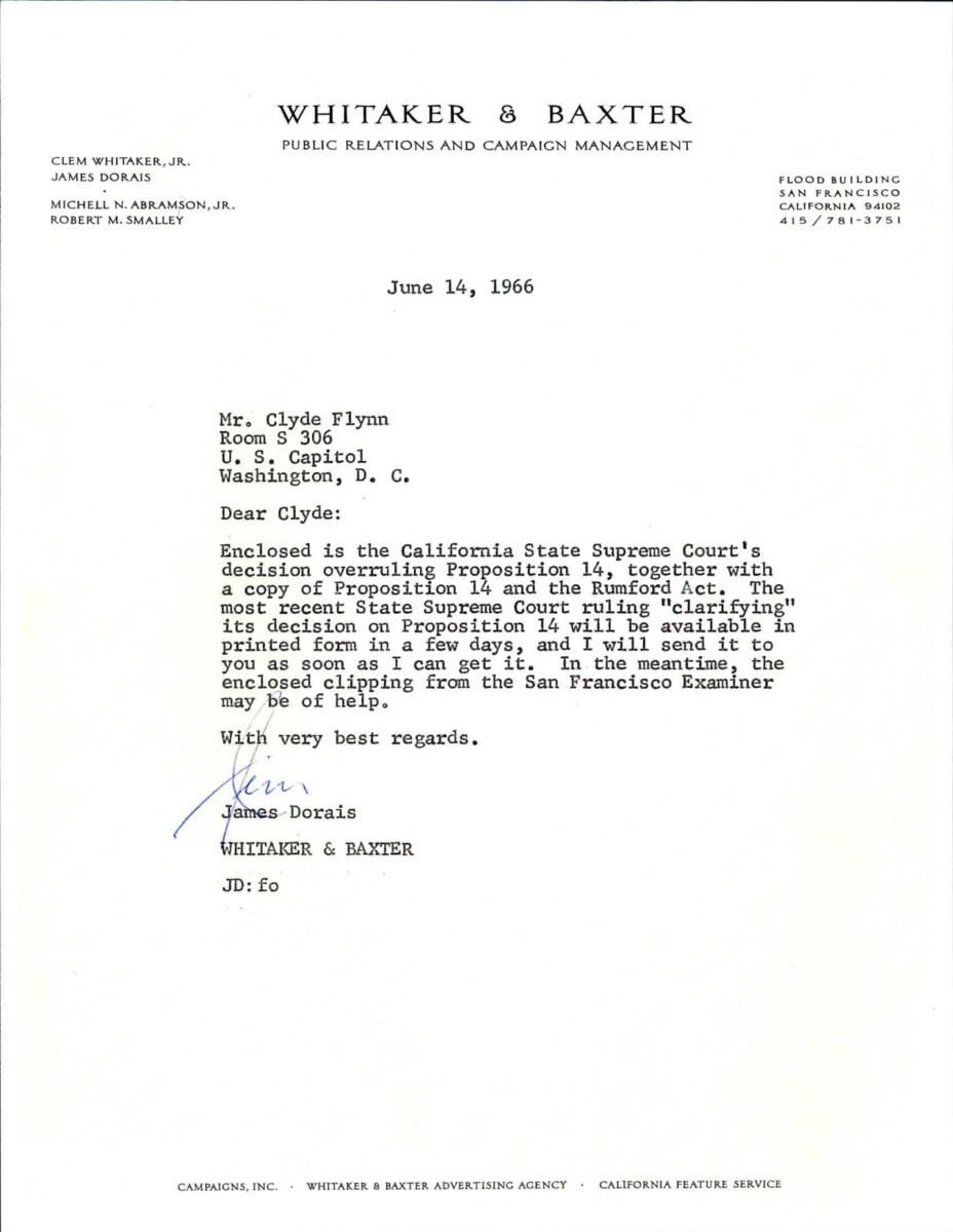 Letter From Dorais To Flynn About A California State Supreme Court Decision Overruling Proposition 14.