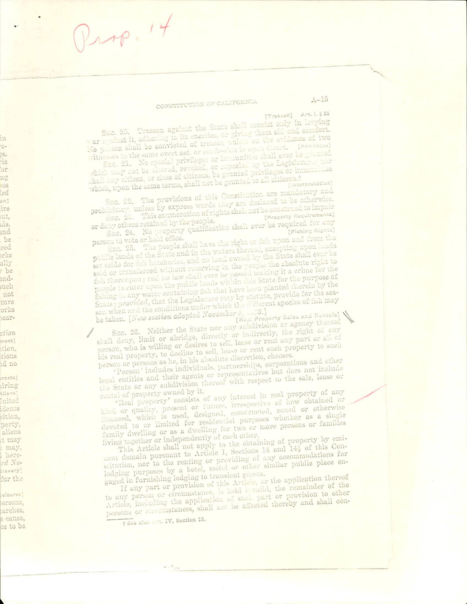 Proposition 14 Within The California State Constitution Is Homeowners Right To Decline Selling Or Renting Property To Any Other Persons.