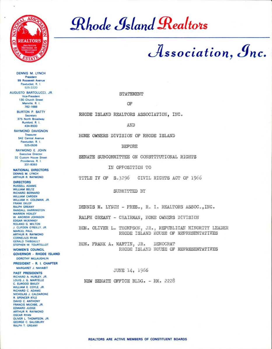 Rhode Island Realtors Statement Opposing The Civil Rights Act Of 1966. While They Believe No One Should Face Discrimination, They Believe That The Government Will Be Overreaching If The Act Is Passed.