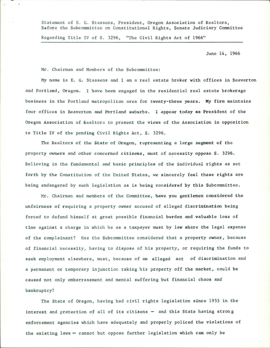 Statement From The President Of Oregon Association Of Realtors In Opposition Of The Civil Rights Act Of 1966. They Believe That The Housing Proposition Within The Civil Rights Act Violates Individual Rights Guaranteed Within The Constitution.