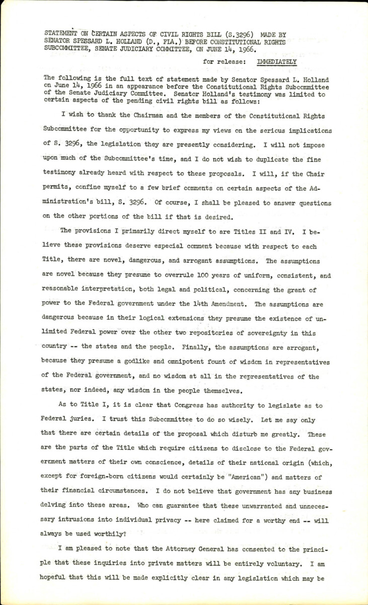Statement From Senator Spessard L. Holland On The Civil Rights Act Of 1966. The Senator Goes Through Each Title Of The Act And Whether Or Not He Supports It. He Also Opposes Title Iv Of The Act Which Is A Provision On Housing.