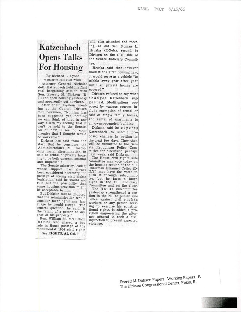 Katzenbach Talks About Meeting Dirksen About Open Housing And Not Coming To An Agreement On Modifications To The Provision