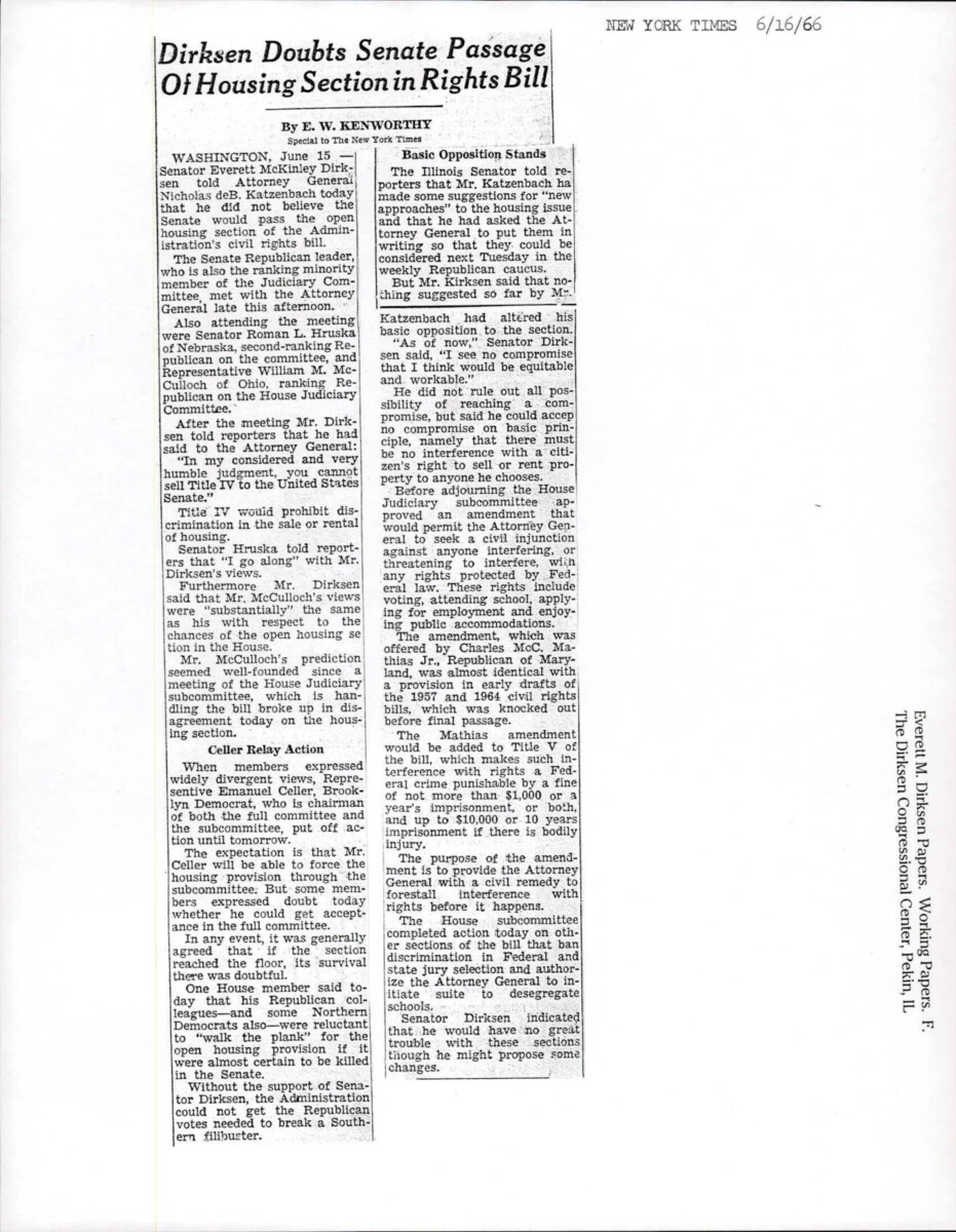 Dirksen Statement On The Housing Provision Of The Civil Rights Act. He Did Not Believe That The Senate Would Pass The Housing Section, As He And Katzenbach Could Not Reach A Consensus.