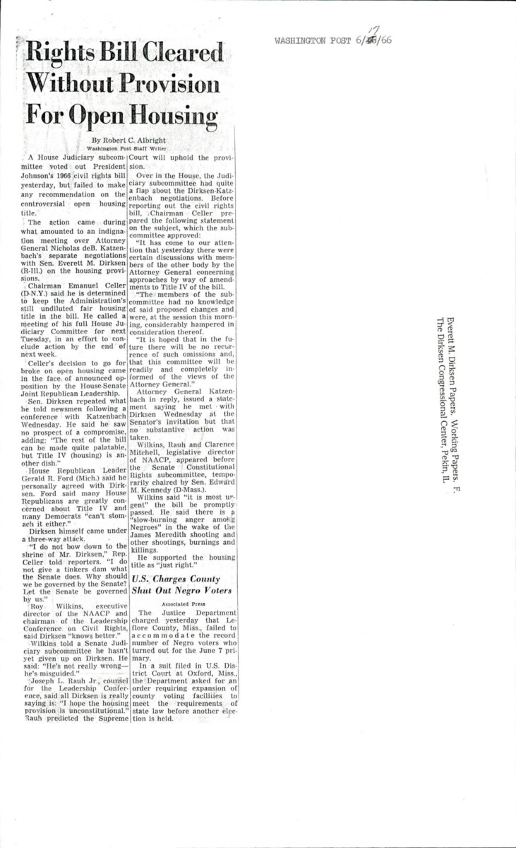 Article Informing The Public That The Housing Provision Within The Civil Rights Act Of 1966 Did Not Pass In The Senate.