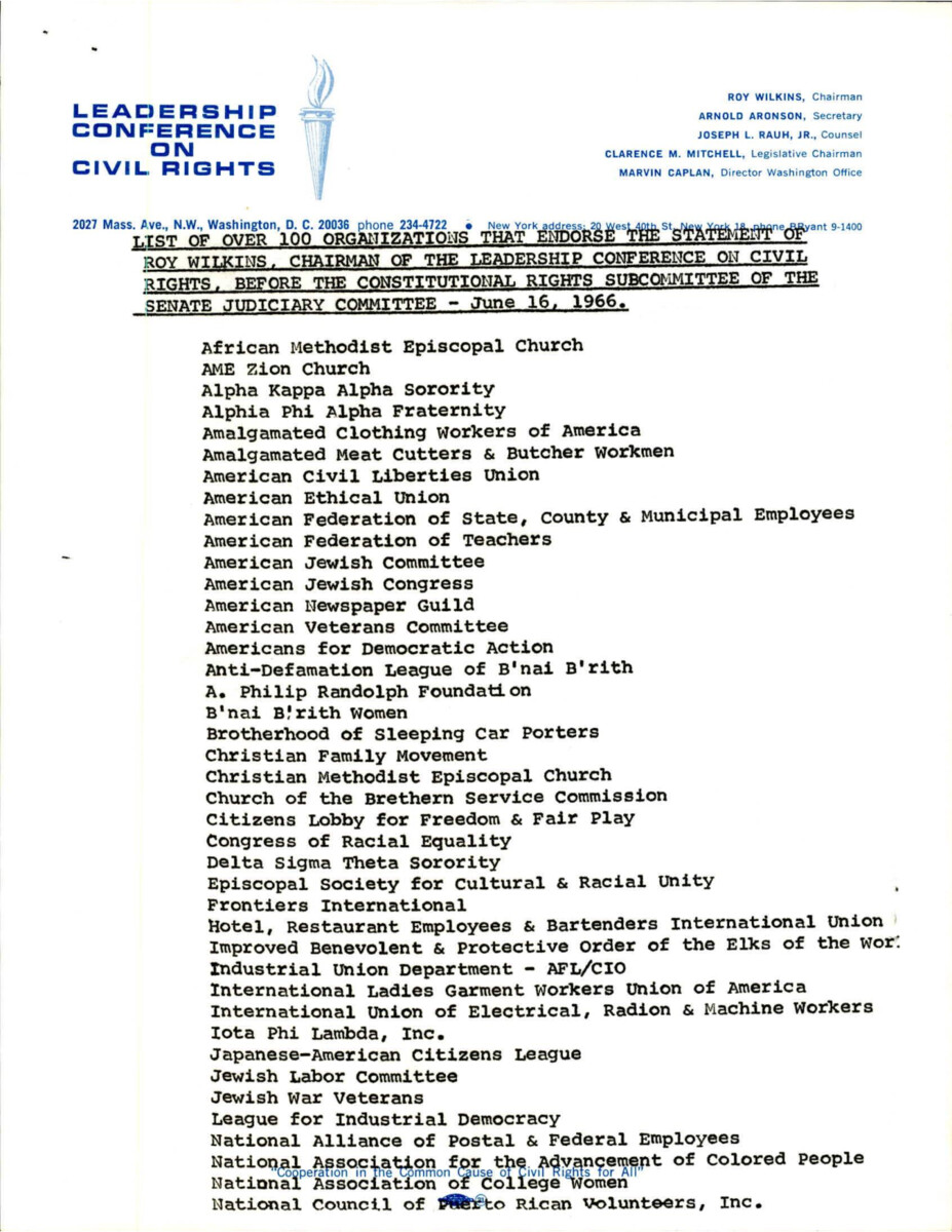 List From Leadership Conference On Civil Rights Detailing Organizations That Agree With Roy Wilkins Statement On The Civil Rights Act Of 1966.