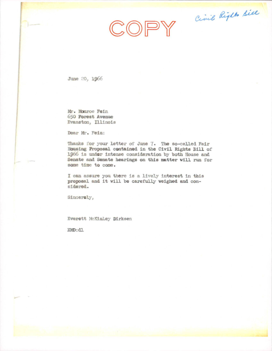 Letter From Sen. Dirksen To Monroe Fien Regarding The Housing Provision Of The Civil Rights Act Of 1966 Assuring His Constituent That The Bill Will Be Completely Considered.