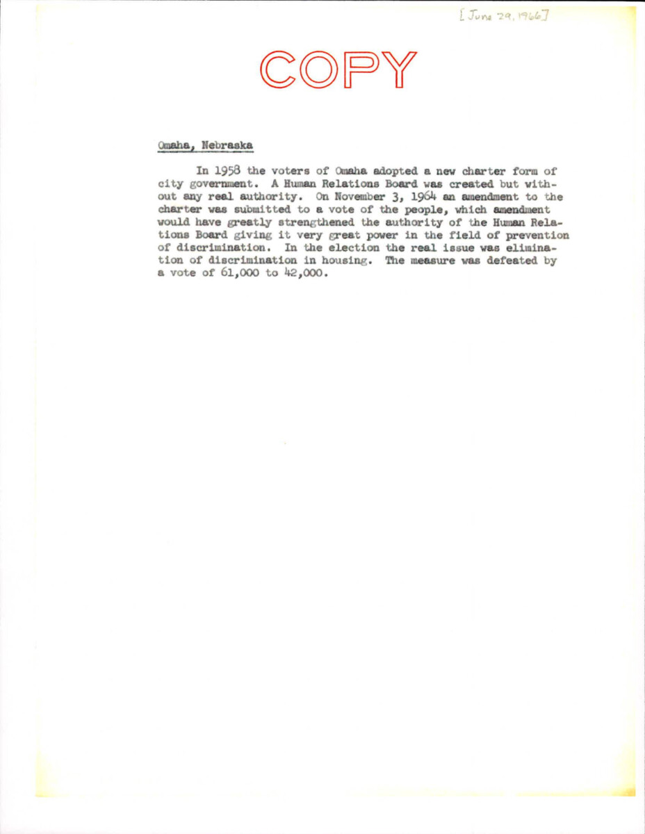 Note About Omaha, Nebraska's 1958 Charter Including A Human Relations Board. The Note Also Includes An Amendment Submitted On November 3, 1964.