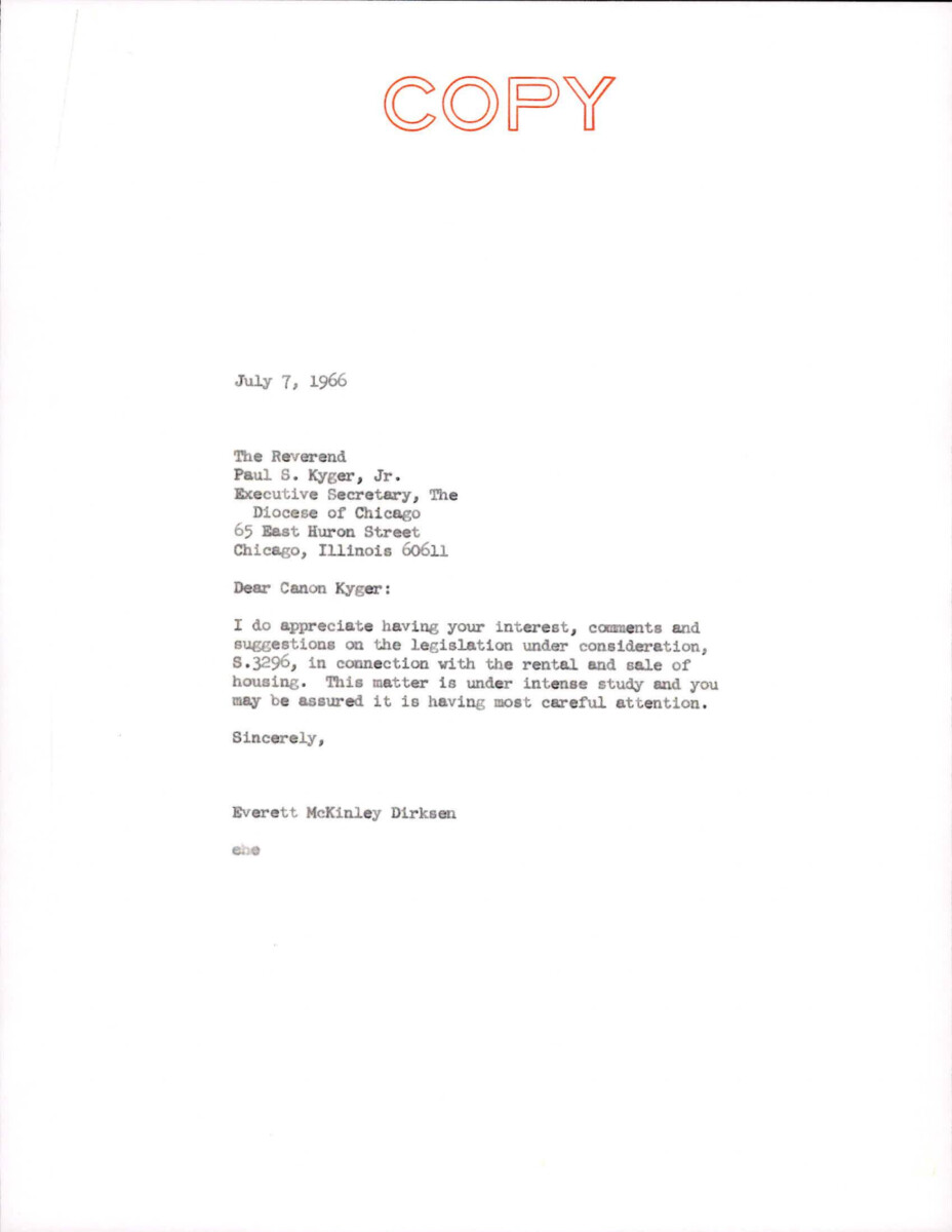 Letter From Dirksen To The Reverend Responding To His Letter About The Housing Provision In The Civil Rights Bill Of 1966. Dirksen Assures The Reverend That Congress Is Working Towards The Best Solution.