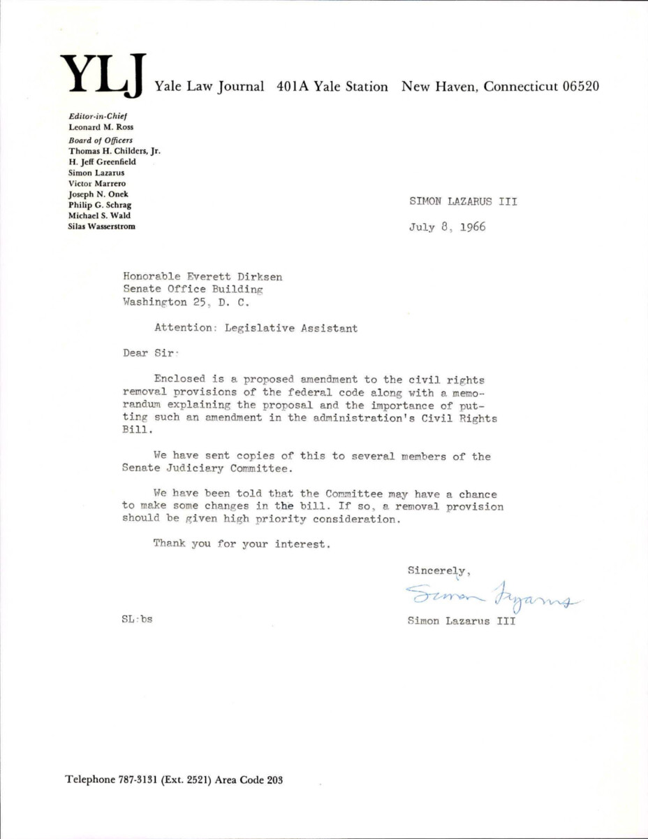 Letter To Dirksen Enclosing A Proposed Amendment To The Civil Rights Act Of 1966 Title V Regarding Penalties For Violence And Intimidation.