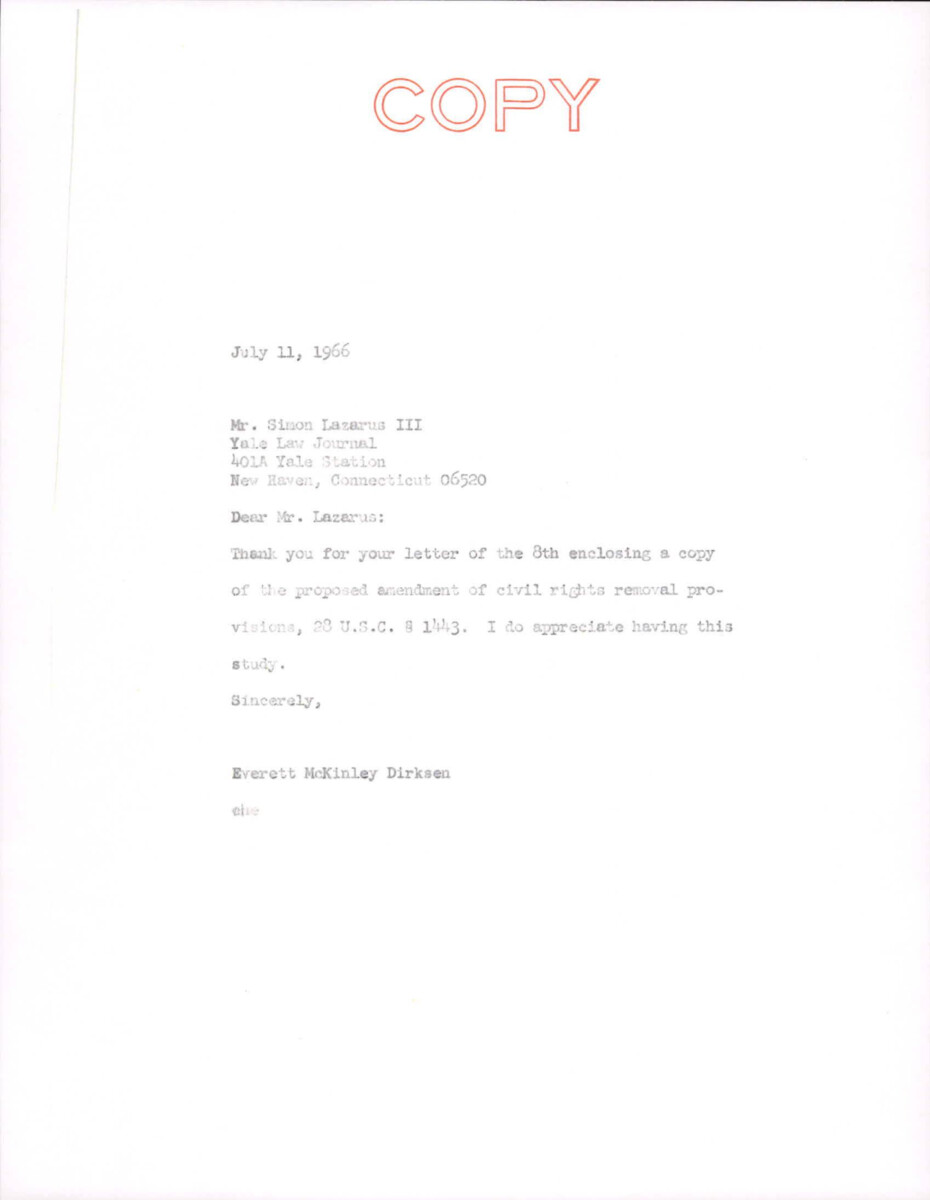 Letter From Dirksen To Lazarus Thanking Him For Sending The Study Of Title V Of The Civil Rights Act Of 1966 And The Proposed Amendment.