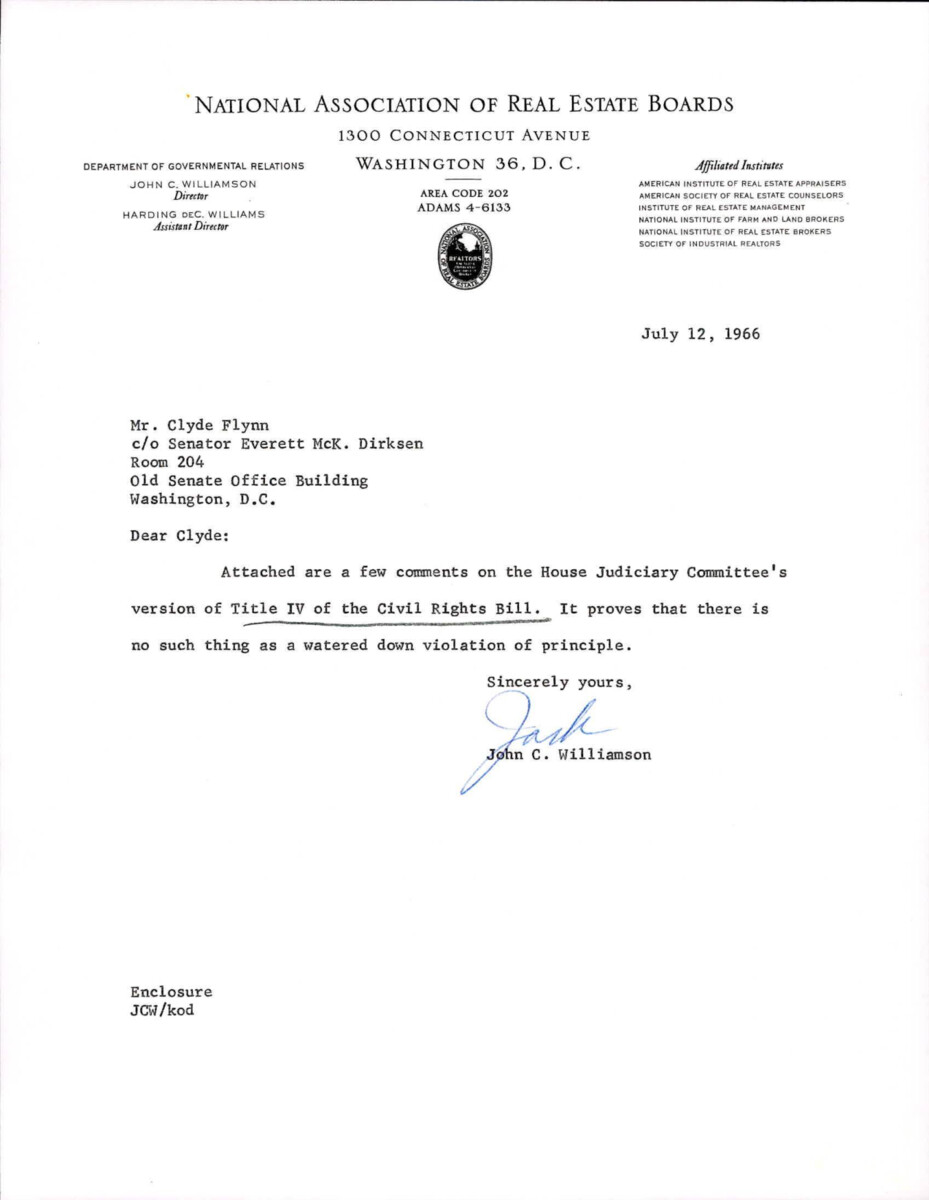 Letter From Williamson To Clyde Flynn Including Comments On The House Judiciary Committee's Version Of Title Iv Of The Civil Rights Bill.