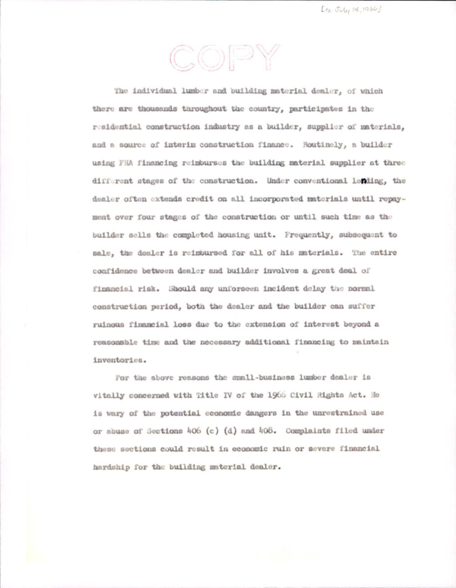 Record Details Why A Small- Business Lumber Dealer Would Be Opposed To Title Iv Of The Civil Rights Act Of 1966.