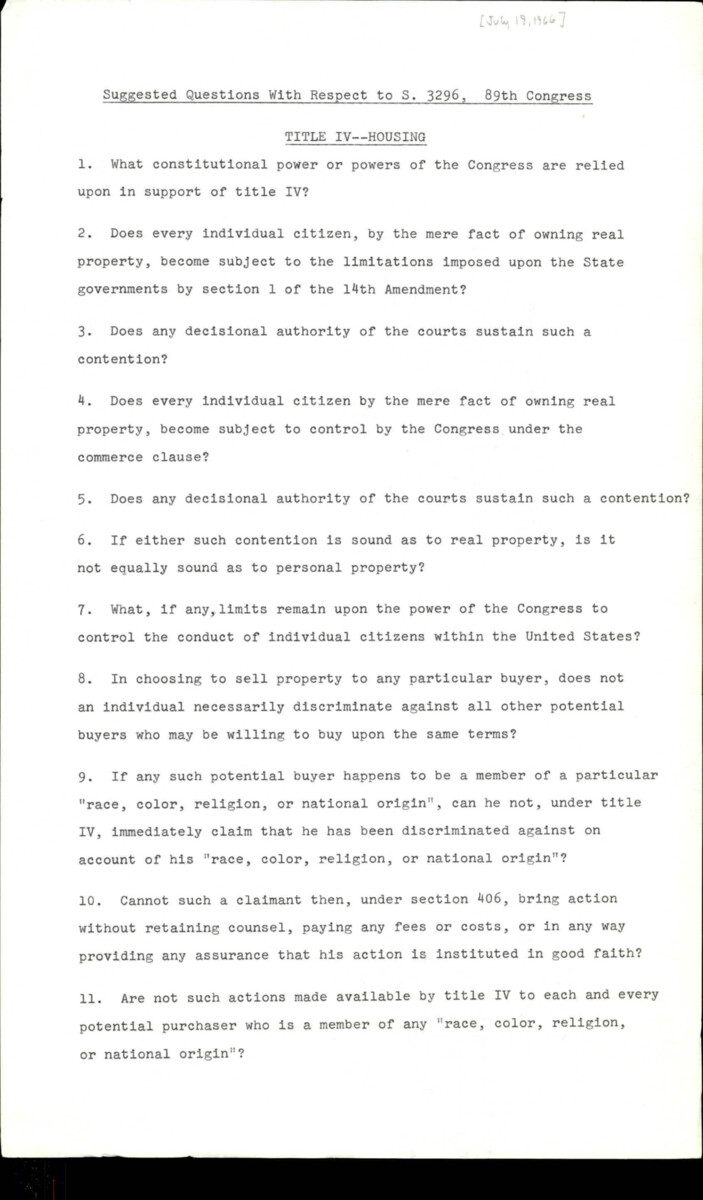 Suggested Questions To Be Asked About The Housing Provision Within The Civil Rights Act Of 1966 Title Iv. This Document Has Two Additional Questions That The Previous Document Did Not Have.