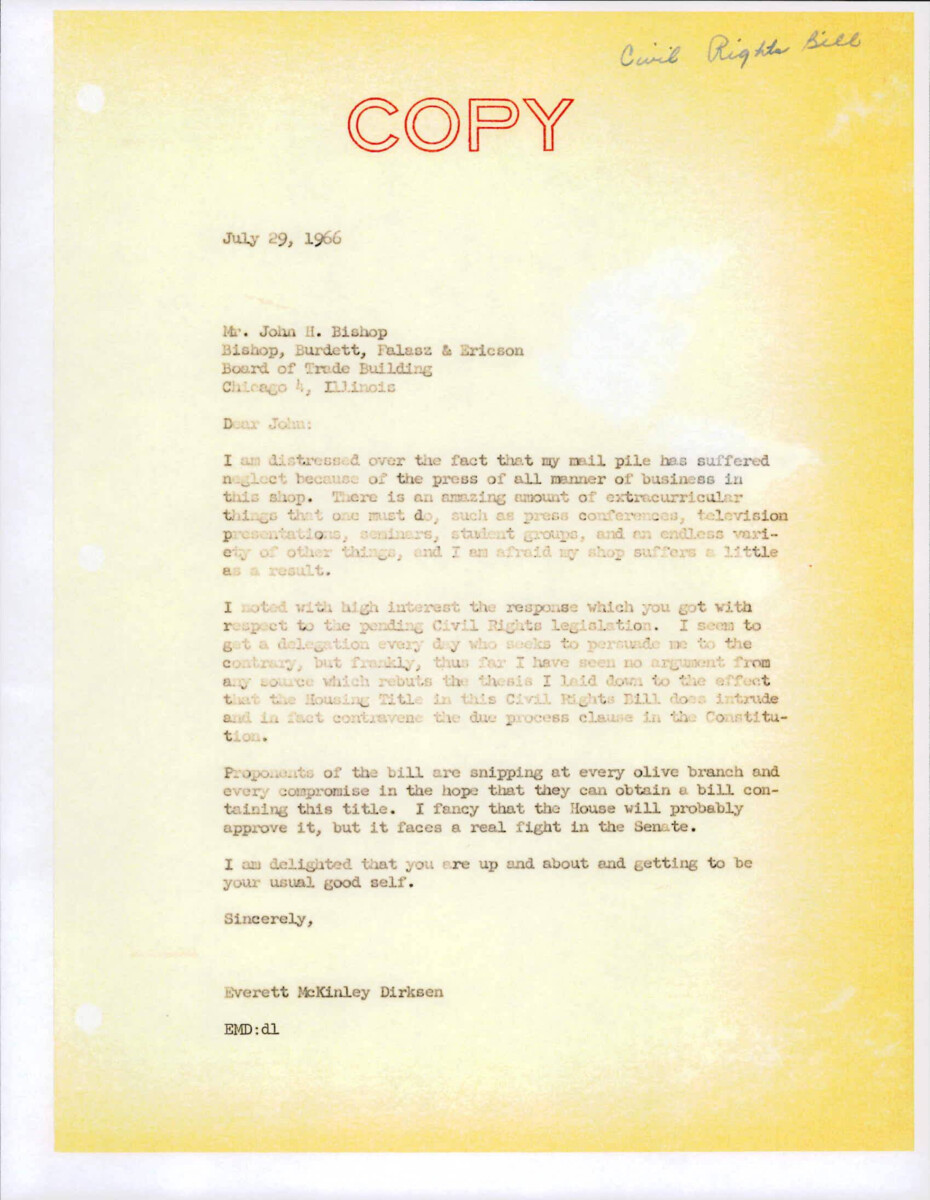 Letter From Dirksen To Bishop About His Mail And How He Can Not Reach A Compromise On The Bill. They Are "snipping Every Olive Branch" Dirksen Extended.