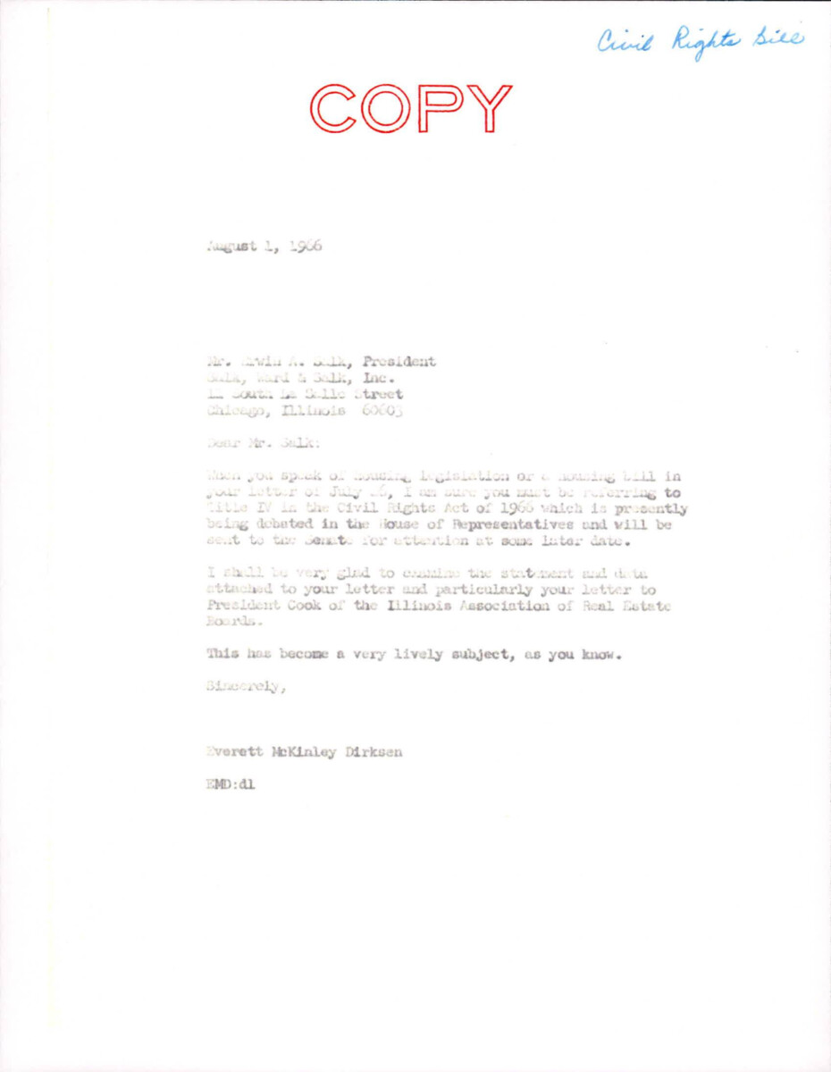 Letter To Erwin Salk From Dirksen Regarding Title Iv Of The Civil Rights Act Of 1966.