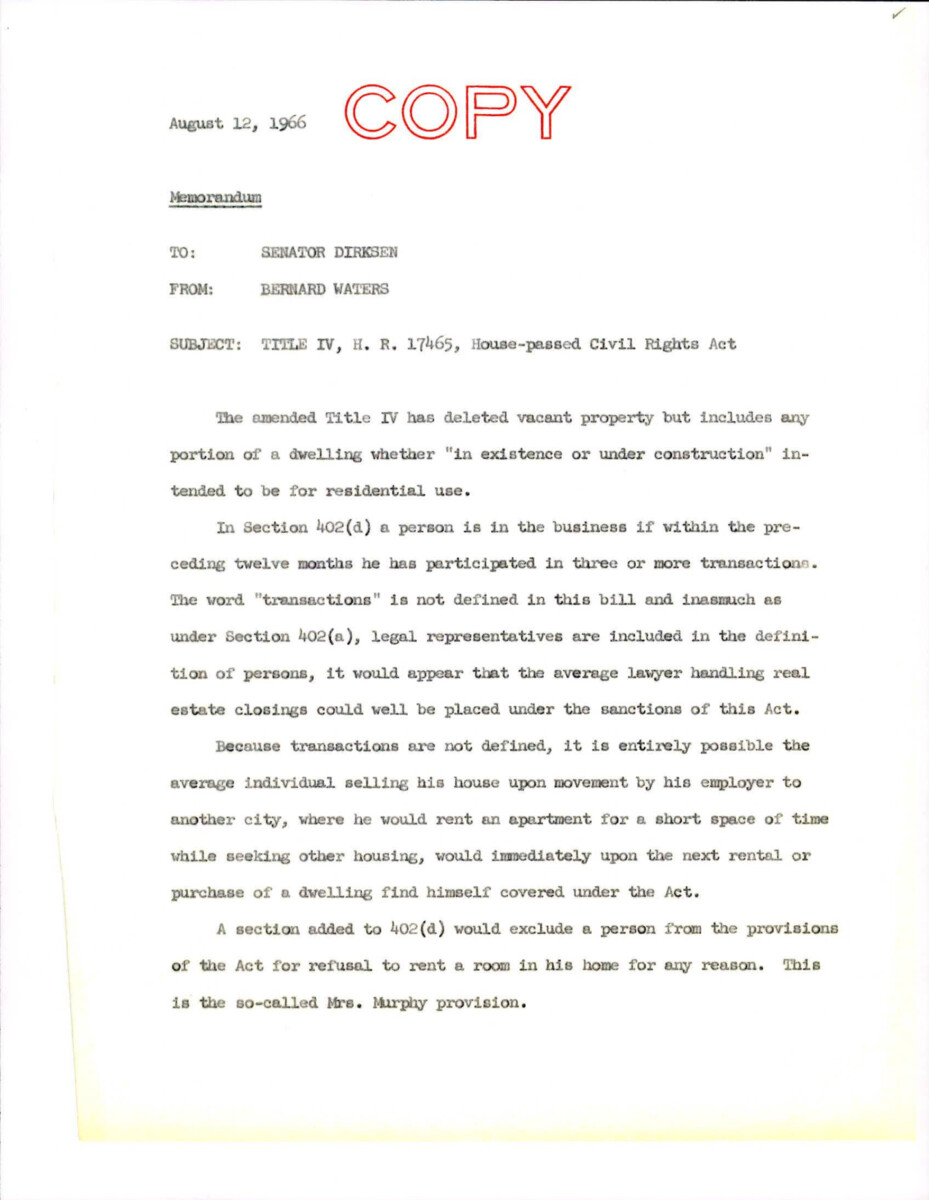Memo Regarding Title Iv Of The House-passed Civil Rights Act Which Included The New Title Iv. The Memo Also Note The Differences In The Sections Of The Title And The Language Used.