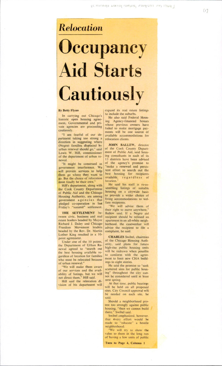 Article About Occupancy Changes Within The Chicago Area. Leaders Within Chicago Were Trying To Desegregate Neighborhoods Throughout The City.
