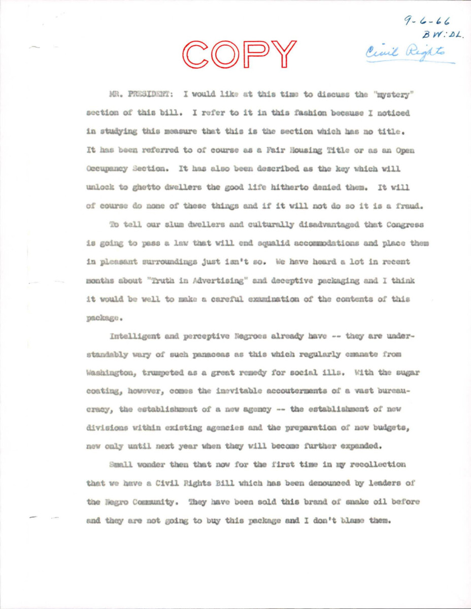 Possible Speech To The Senate About The Civil Rights Act Of 1966 And Possible Concerns That Accompany It. Concerns Include Neglecting Consideration Of The Amendments That Have Been Added To The Constitution As Well As Supreme Court Case Precedents.