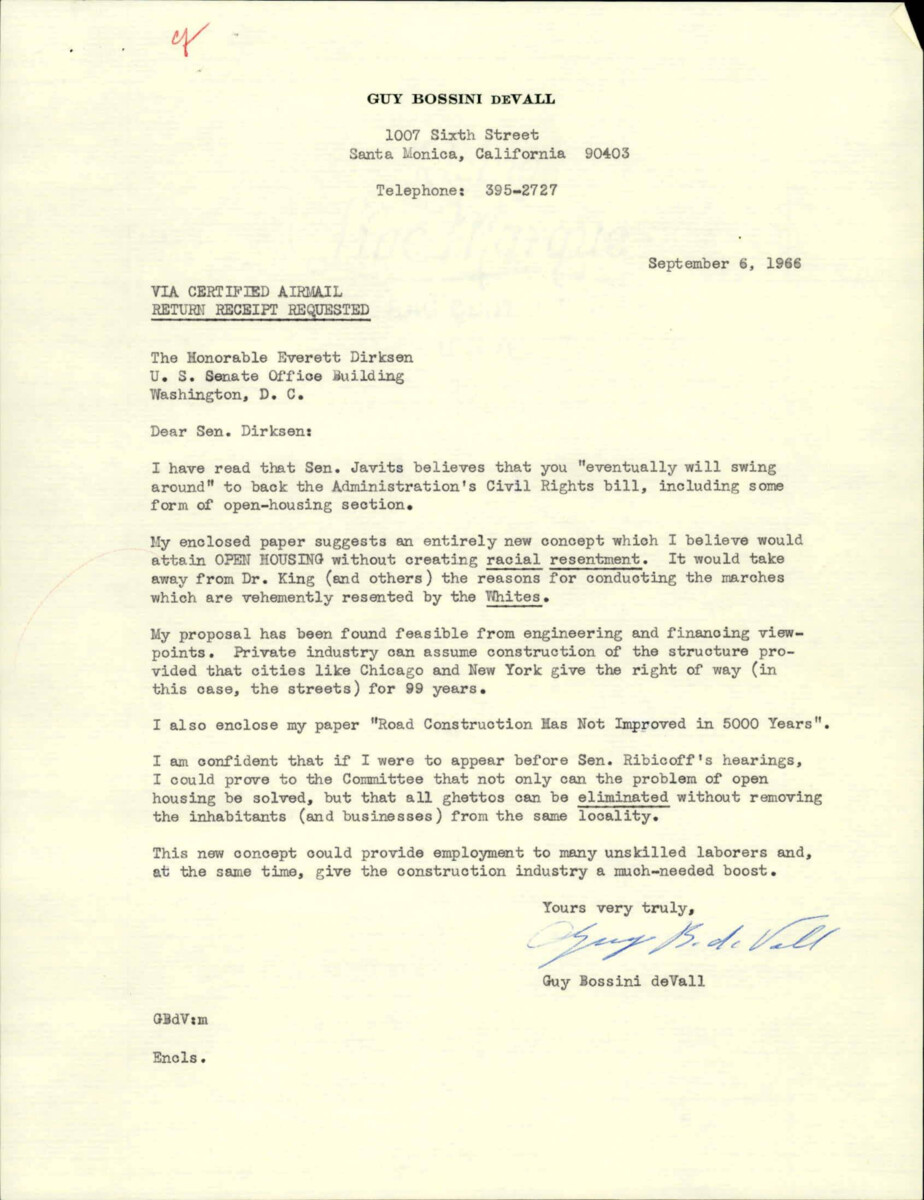 Letter To Dirksen Regarding The Civil Rights Bill. Devall Enclosed His Paper "road Construction Has Not Improved In 5000 Years" And Offered To Appear Before Sen. Ribicoff And Provide His Testimony.