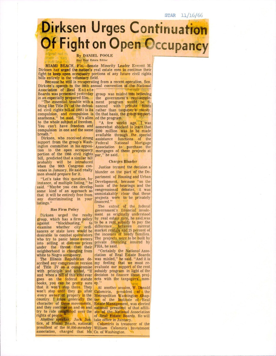 Newspaper Article On Senator Everett Dirksen's Speech To The 59th Annual Convention Of The National Association Of Real Estate Boards Highlighting The Innate Logic Problem With The Compulsory Requirements Of Title Iv Housing Of The Civil Rights Act Of 1966, And The Overarching Goal Of Freedom As A Result Of The Legislation.