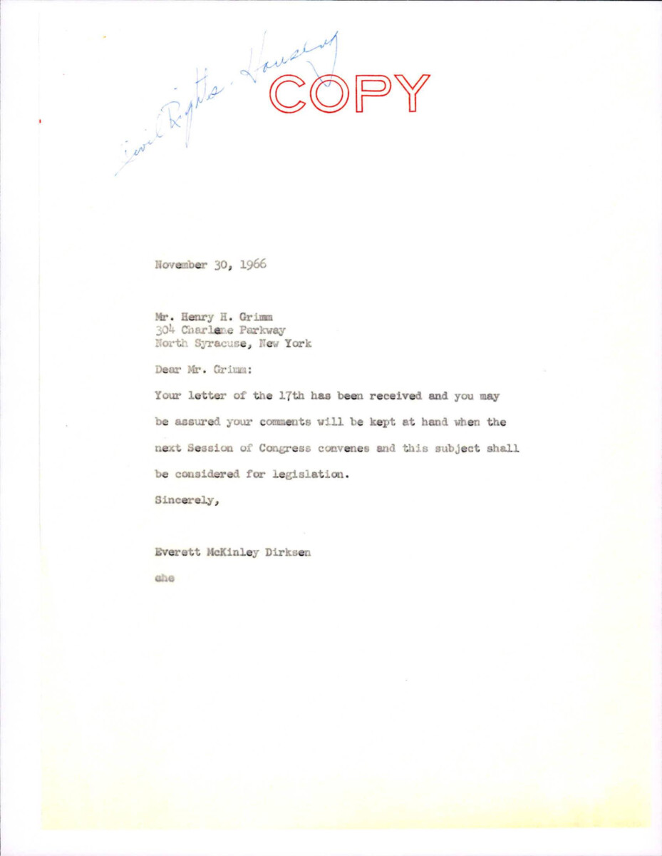 Letter From Dirksen To Grimm Regarding Grimm's Letter About Housing.